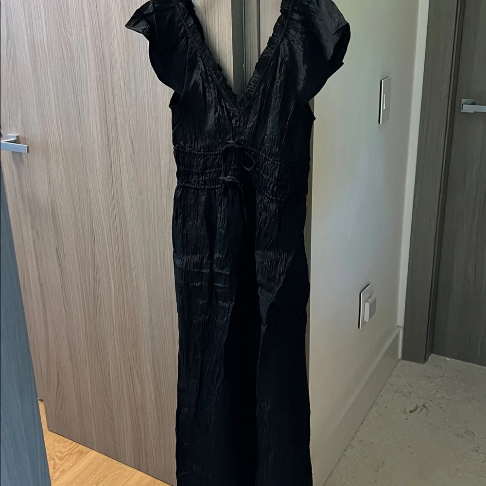 J. Crew Black Crinkled Midi Dress with Shoulder Ruffle and Side Slit NWT